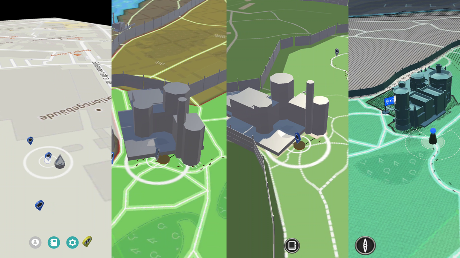 The map view of the game in four different stages of development to show visual improvement